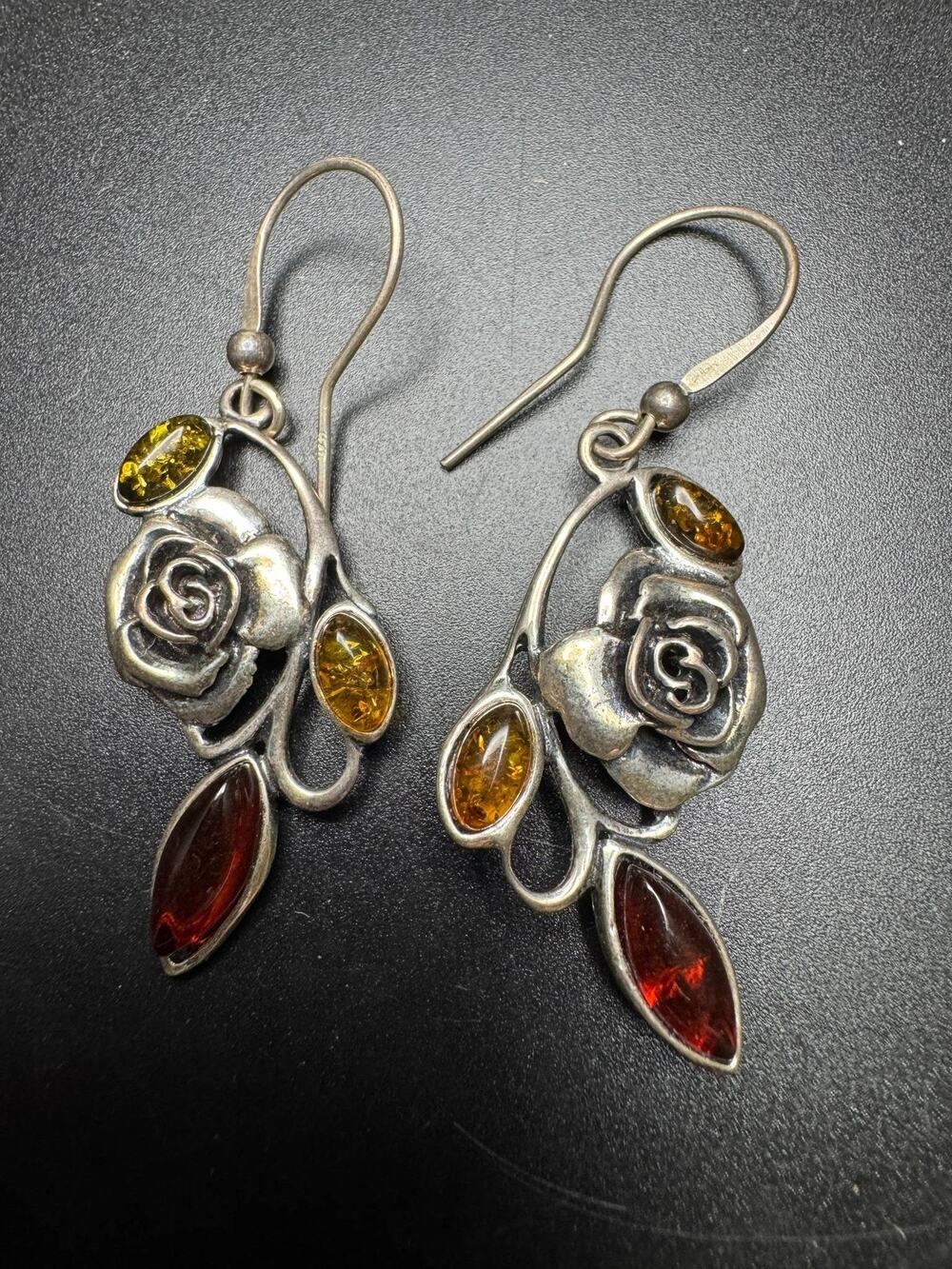 Sterling Silver 925 Rose Dangle Earrings Multi-Color Amber Gemstone Floral Drops